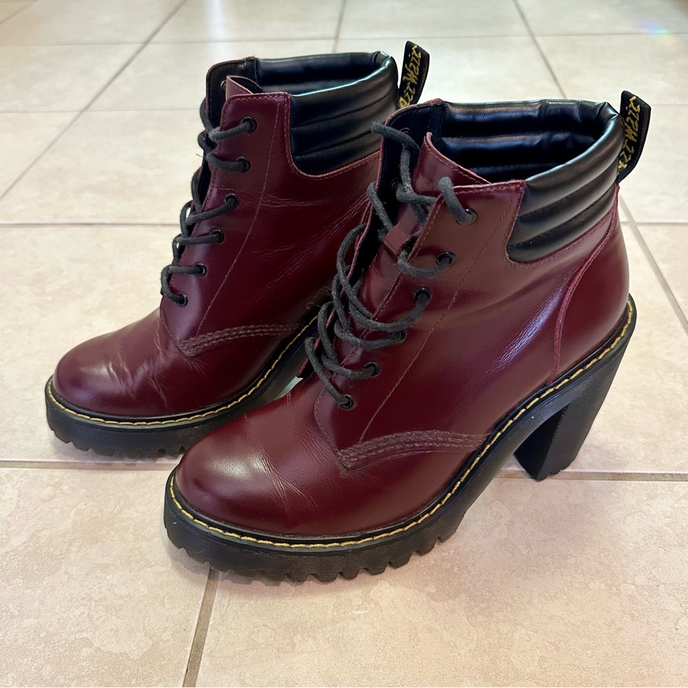 Dr. Martens “Persephone” Leather Heeled Lace-Up Boots in Shiraz